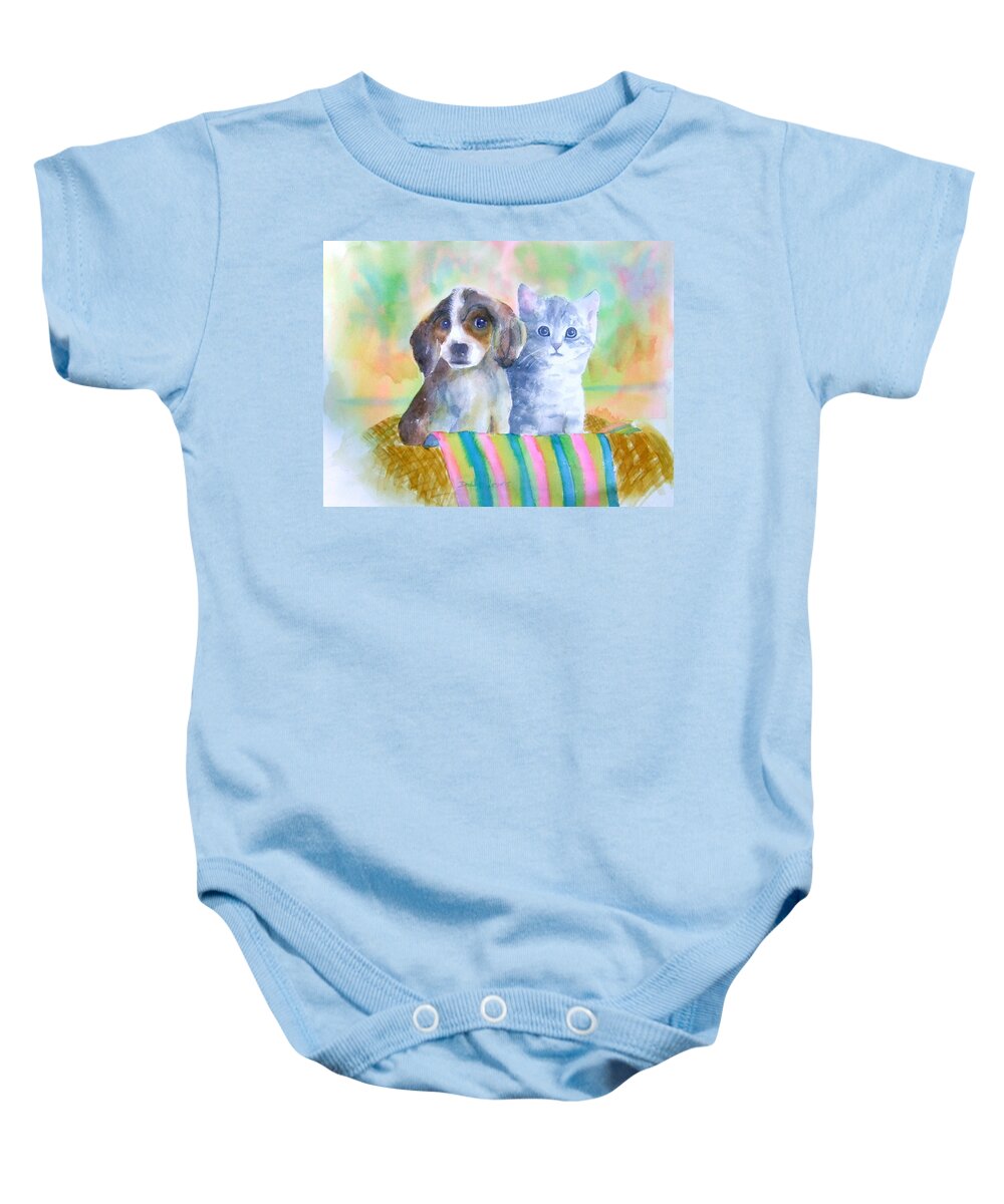 Puppy Baby Onesie featuring the painting Basket Full of Love by Debbie Lewis