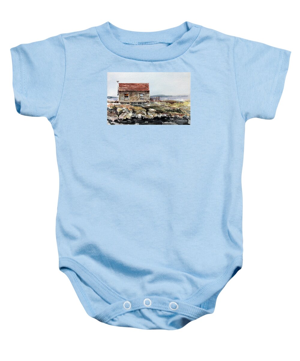 A Small Cabin At The Inlet To Blue Rocks Baby Onesie featuring the painting Blue Rocks Nova Scotia by Monte Toon