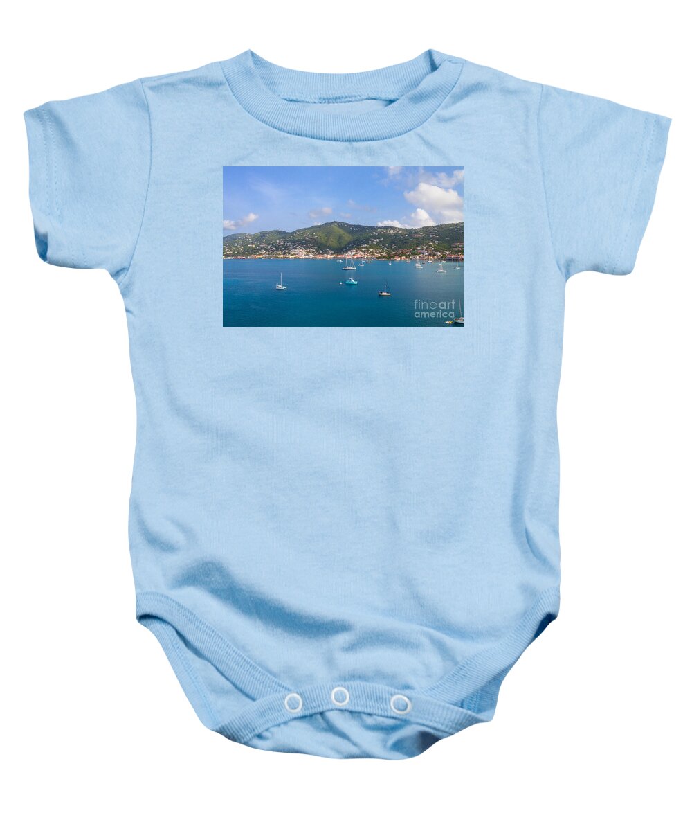 Charlotte Amalie Baby Onesie featuring the photograph Boats in the Bay by Diane Macdonald