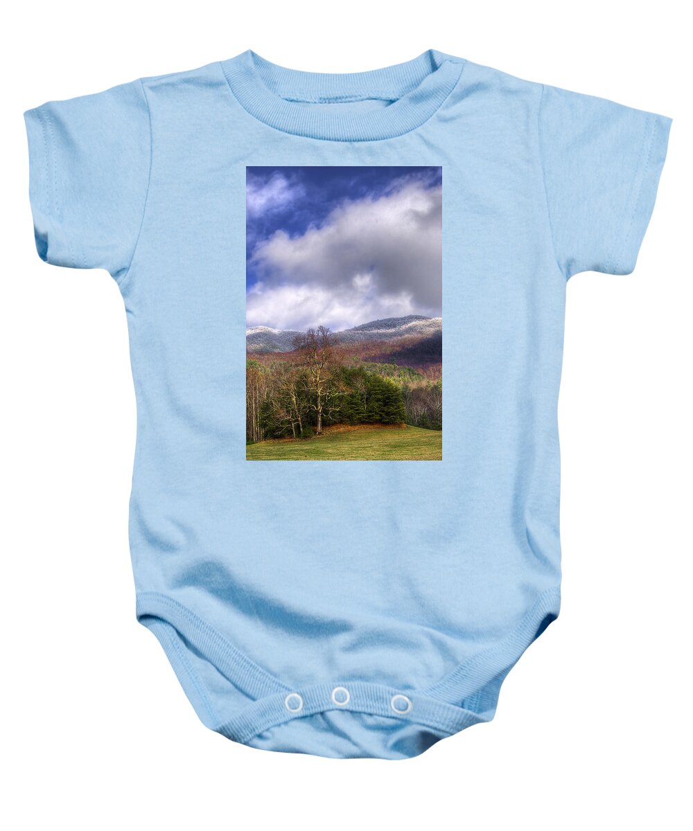 Appalachia Baby Onesie featuring the photograph Cades Cove First Dusting of Snow II by Debra and Dave Vanderlaan