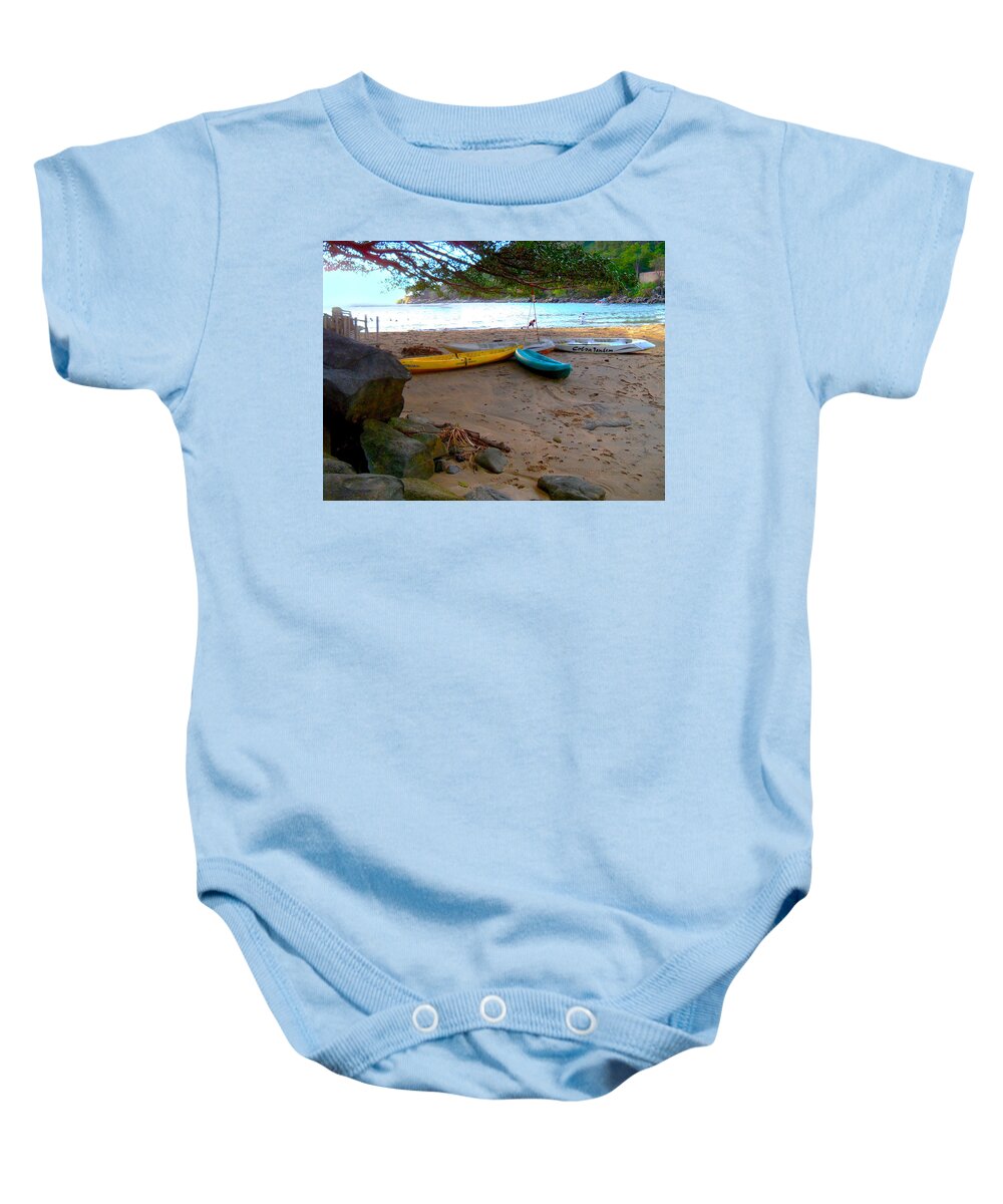 Canoes And Fishing Baby Onesie featuring the digital art Footprints And Canoes At Sunset by Pamela Smale Williams