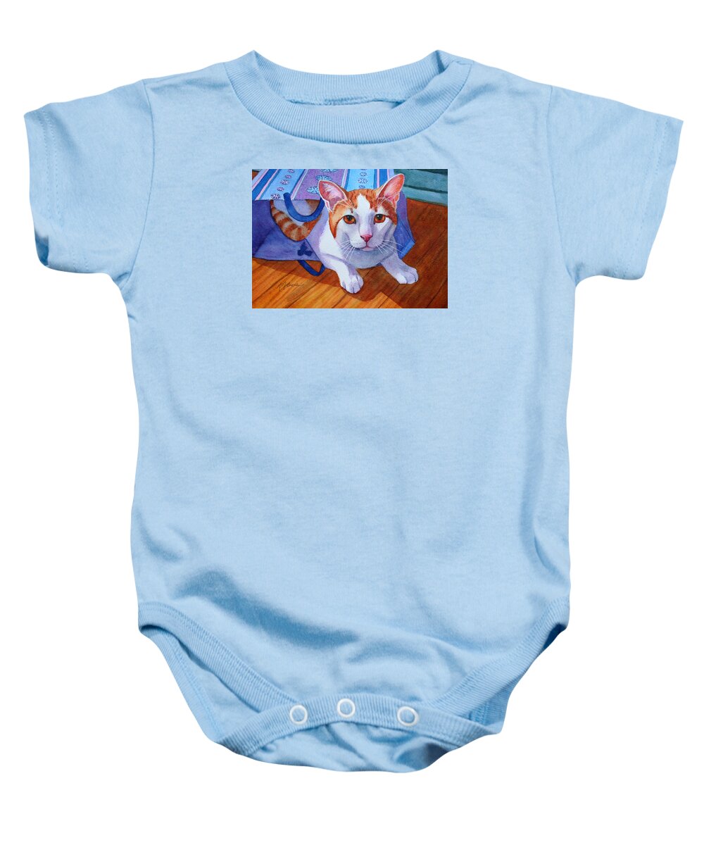 Cat Baby Onesie featuring the painting Cat out of the Bag by Rachel Armington
