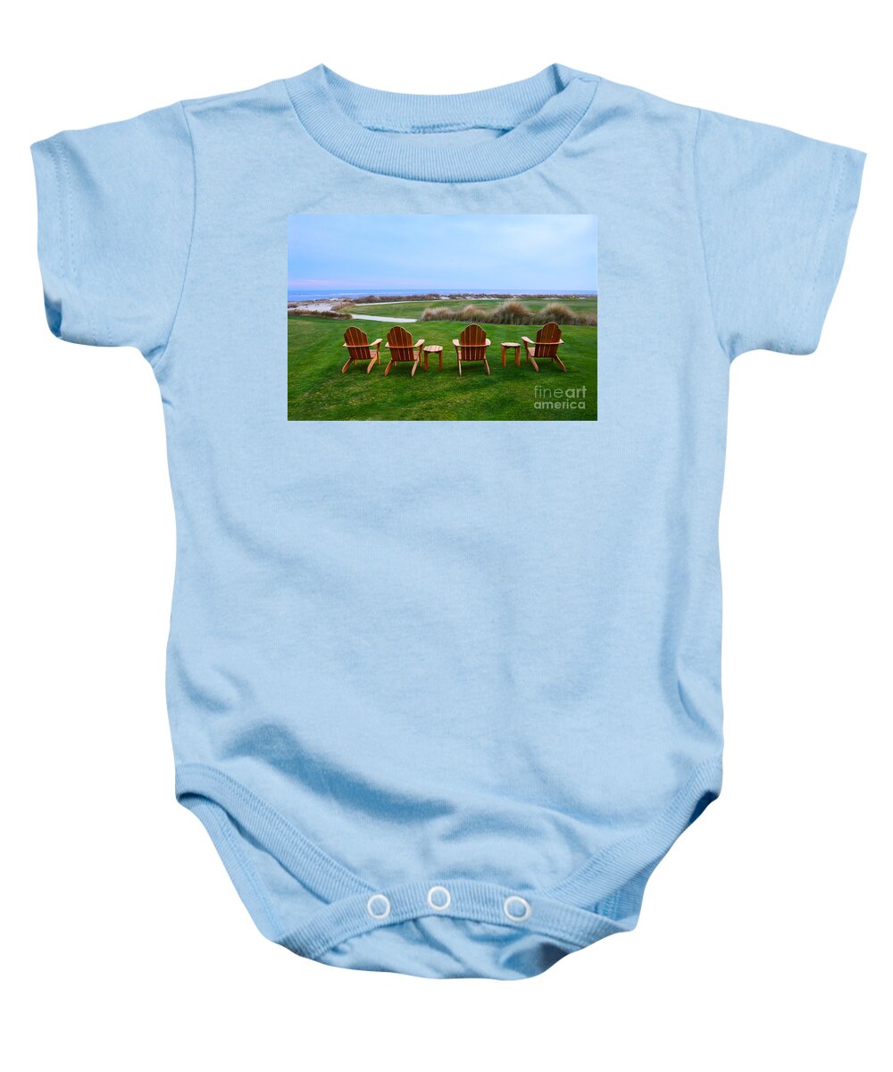 Golf Course Baby Onesie featuring the photograph Chairs at the Eighteenth Hole by Catherine Sherman