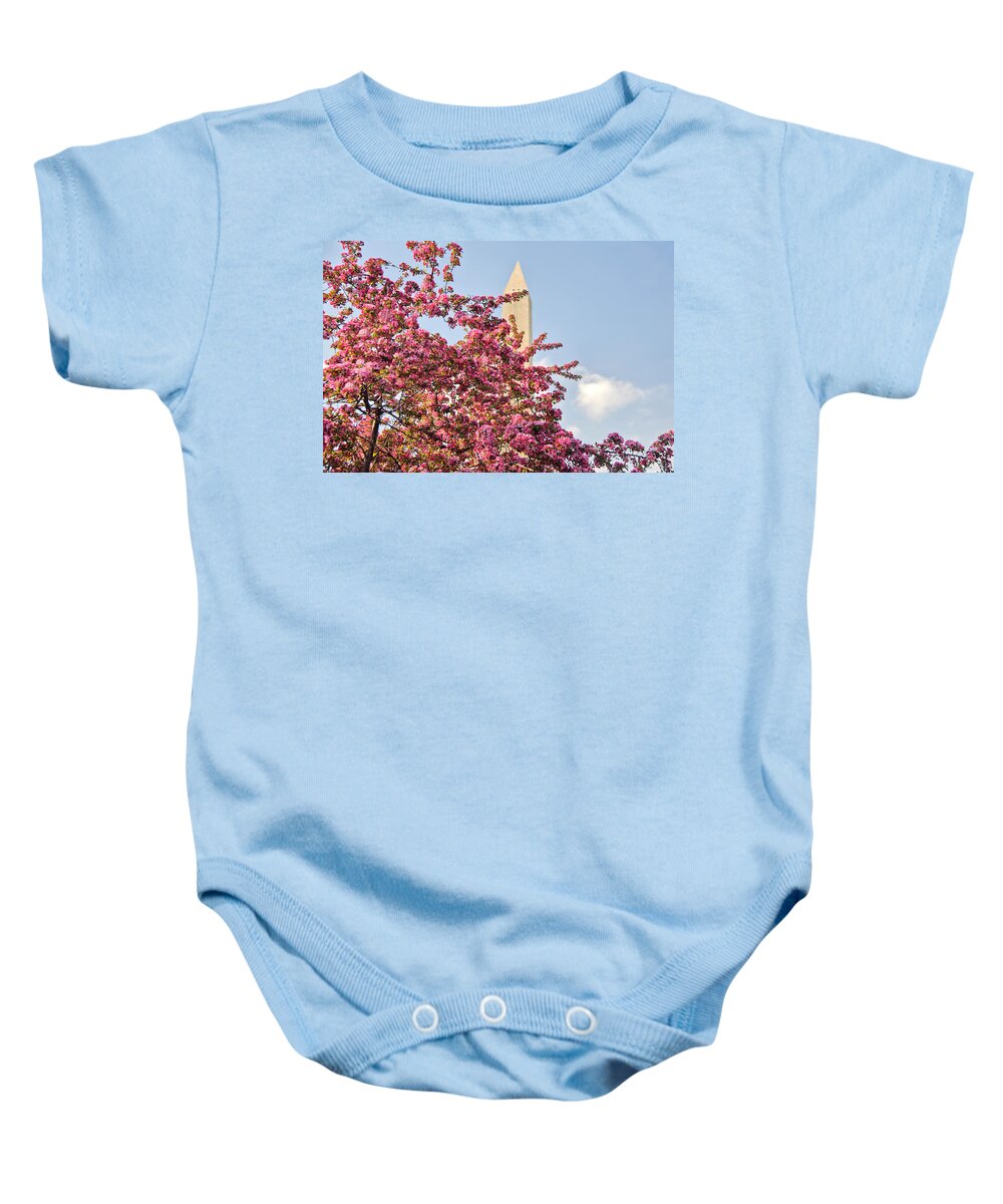 America Baby Onesie featuring the photograph Cherry Trees and Washington Monument One by Mitchell R Grosky