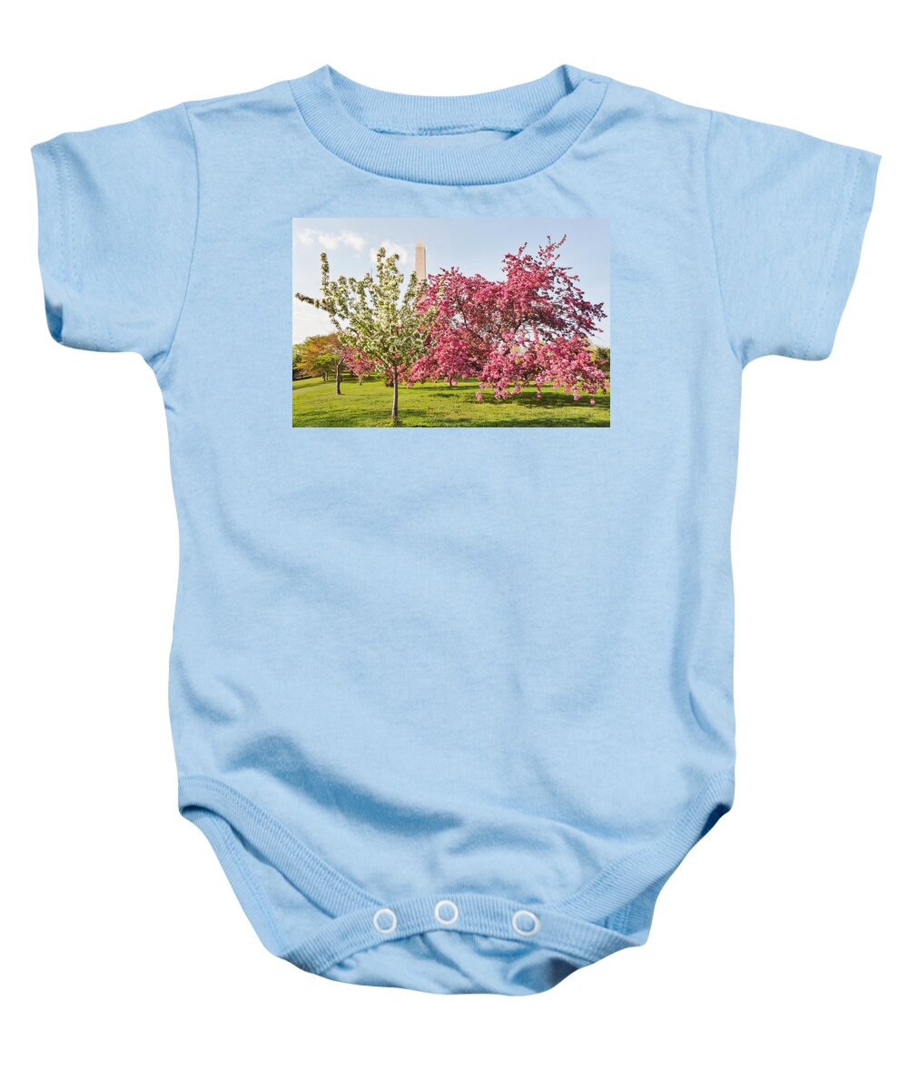 America Baby Onesie featuring the photograph Cherry Trees and Washington Monument Three by Mitchell R Grosky