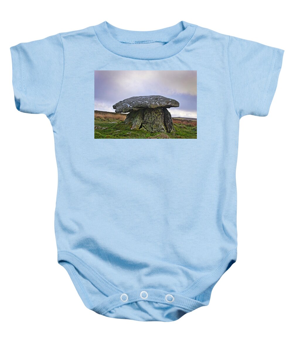 Quoit Baby Onesie featuring the photograph Chun Quoit an ancient burial chamber on the moors of Cornwall by Tony Mills
