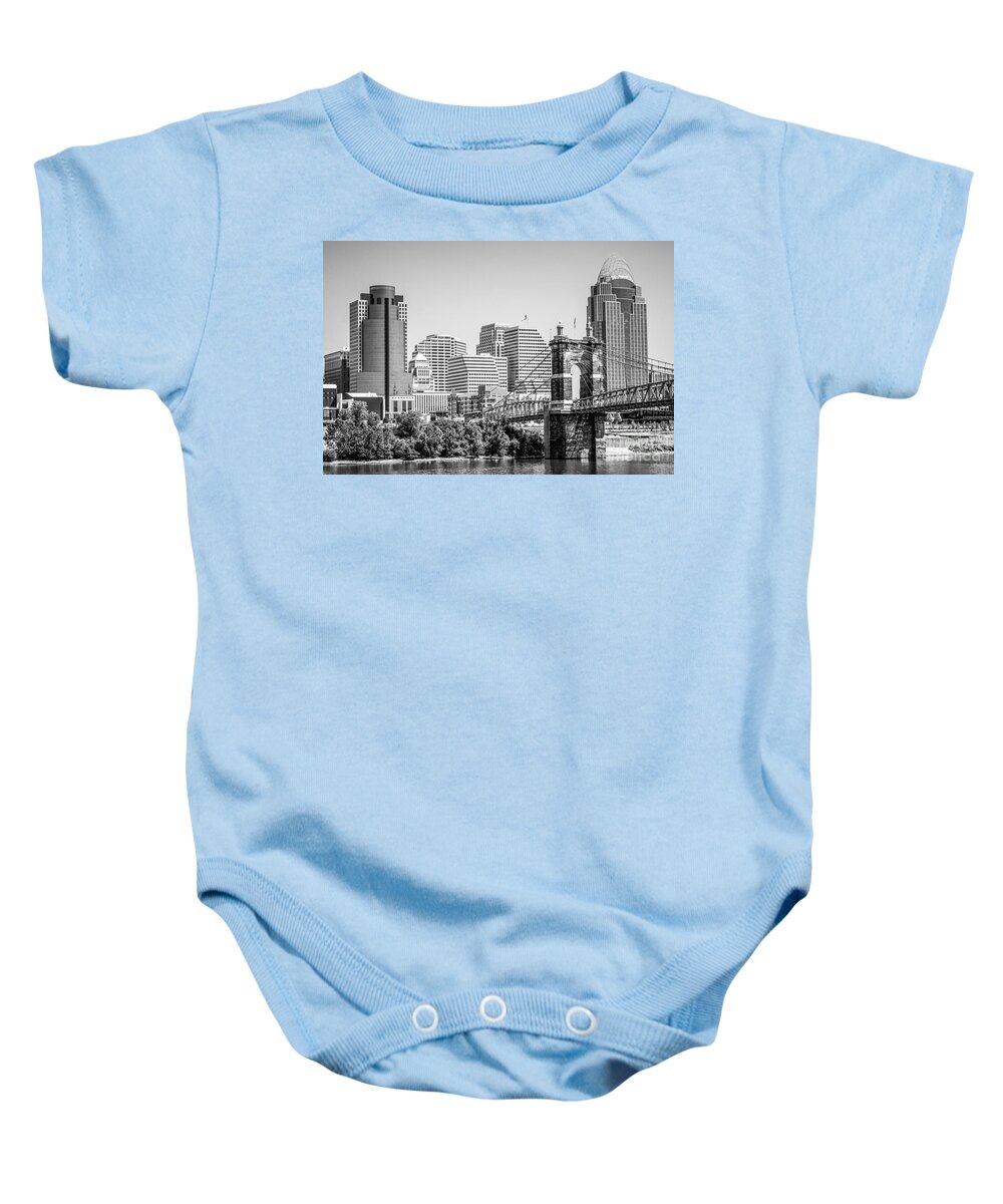 2012 Baby Onesie featuring the photograph Cincinnati with Roebling Bridge Black and White Picture by Paul Velgos