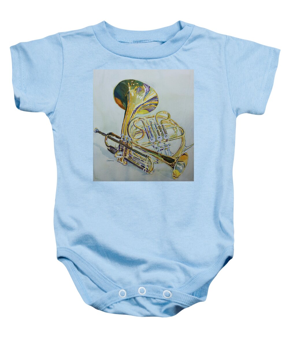 French Horn Baby Onesie featuring the painting Classic Brass by Jenny Armitage