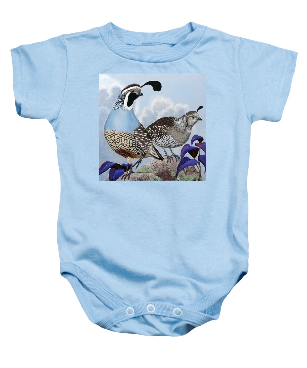 California Quail Baby Onesie featuring the painting Cloudy California Quail by Ande Hall