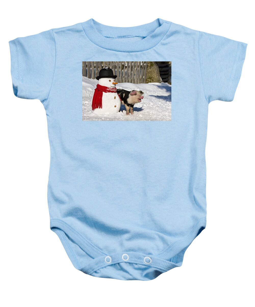 Piglet Baby Onesie featuring the photograph Curious Piglet And Snowman by Jean-Louis Klein and Marie-Luce Hubert