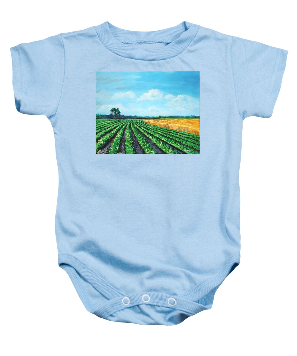 Mississippi Baby Onesie featuring the painting Delta Soybeans and Wheat by Karl Wagner