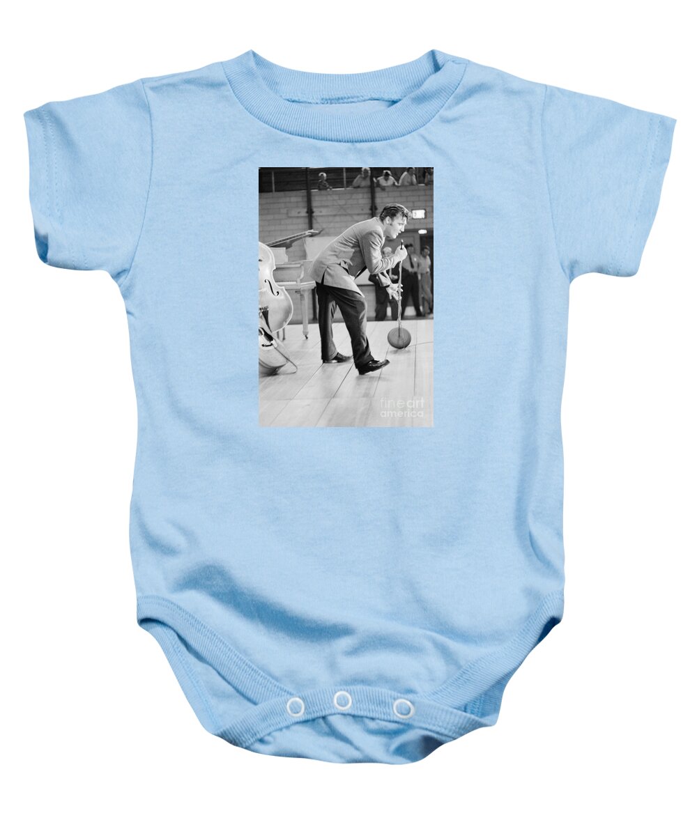 Elvis Presley Baby Onesie featuring the photograph Elvis Presley Singing on stage in Dayton in 1956 by The Harrington Collection