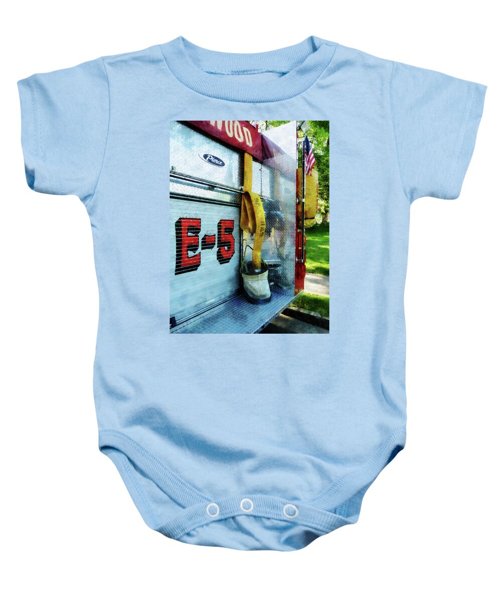 Firefighters Baby Onesie featuring the photograph Fireman - Hose in Bucket on Fire Truck by Susan Savad