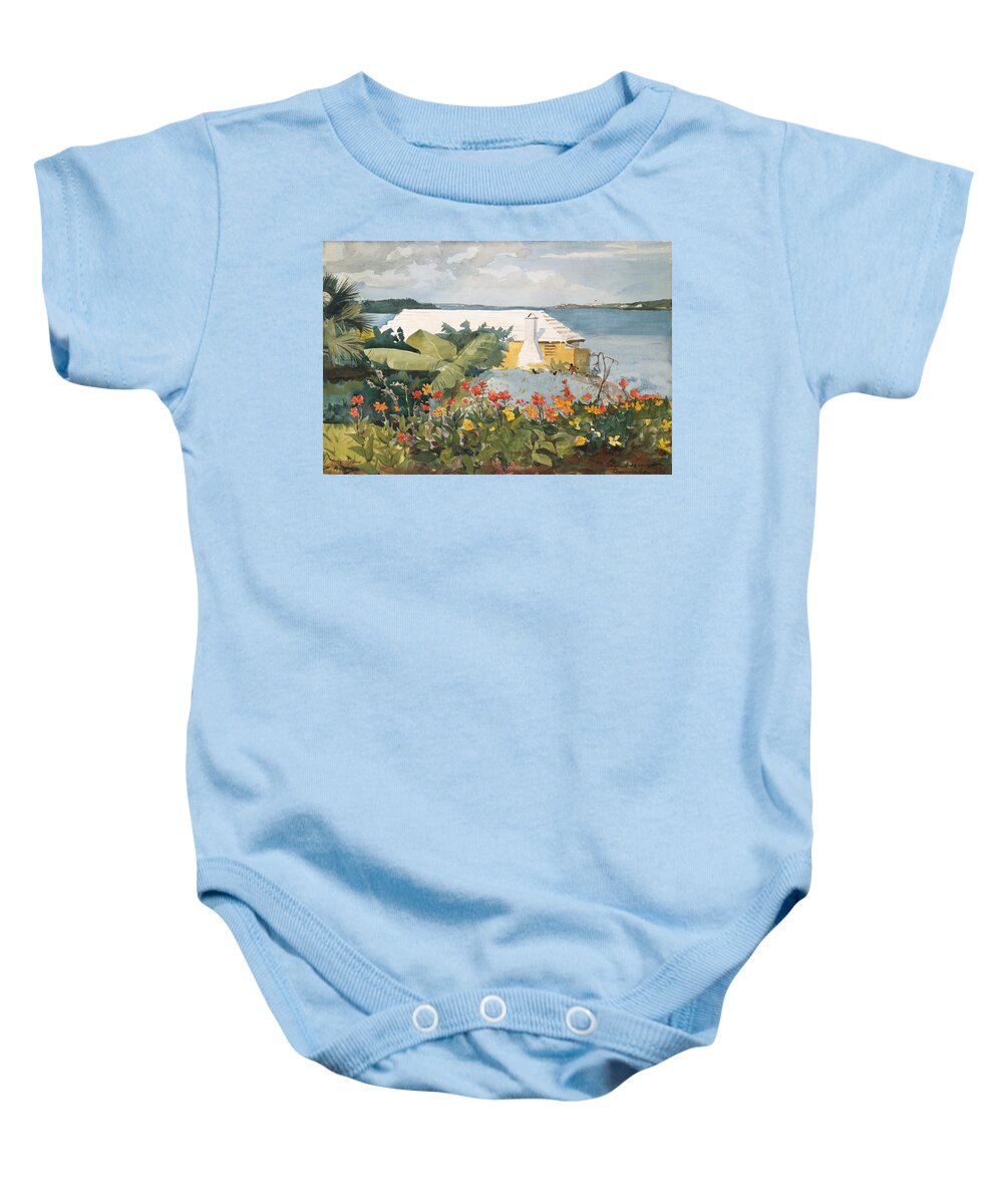 Winslow Homer Baby Onesie featuring the painting Flower Garden and Bungalow by Celestial Images