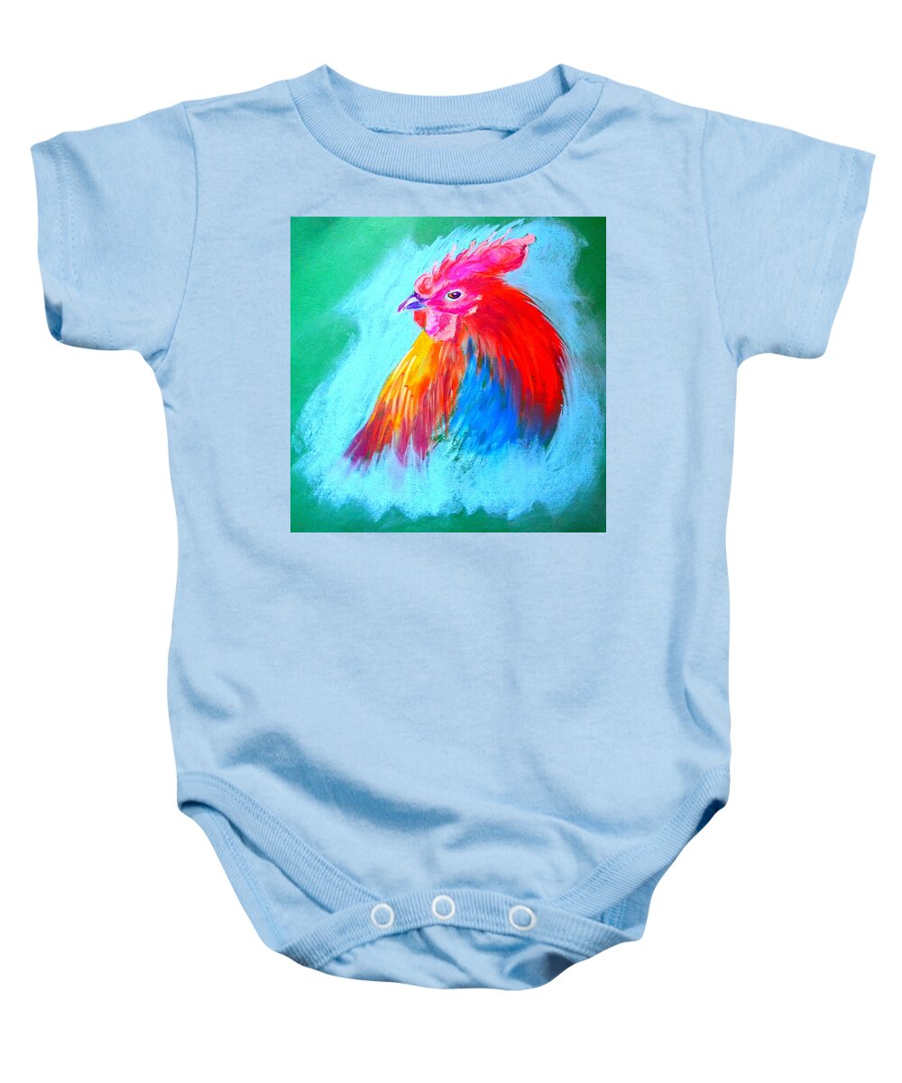 Art Baby Onesie featuring the painting Funky Rooster Art Print by Sue Jacobi