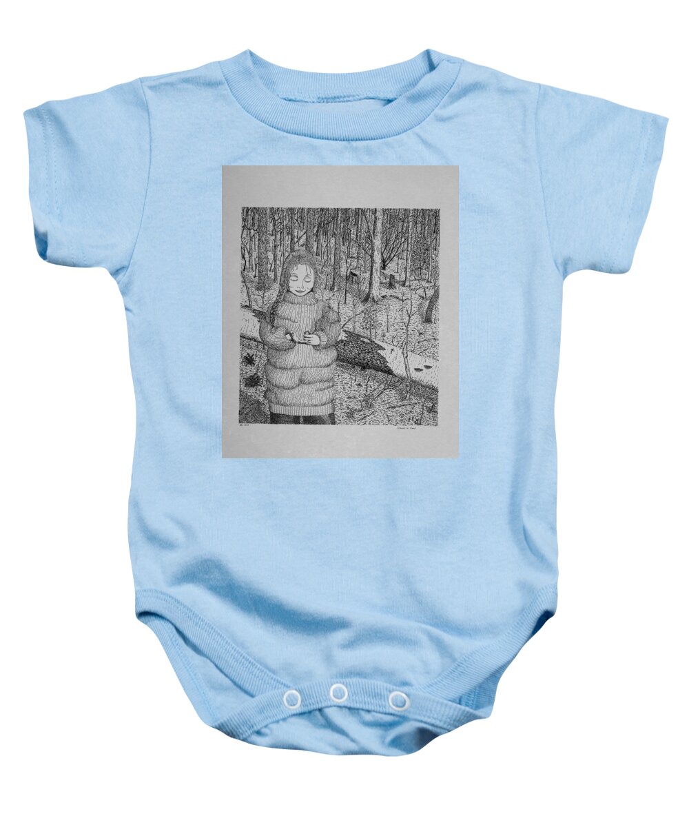 Girl Baby Onesie featuring the drawing Girl In The Forest by Daniel Reed