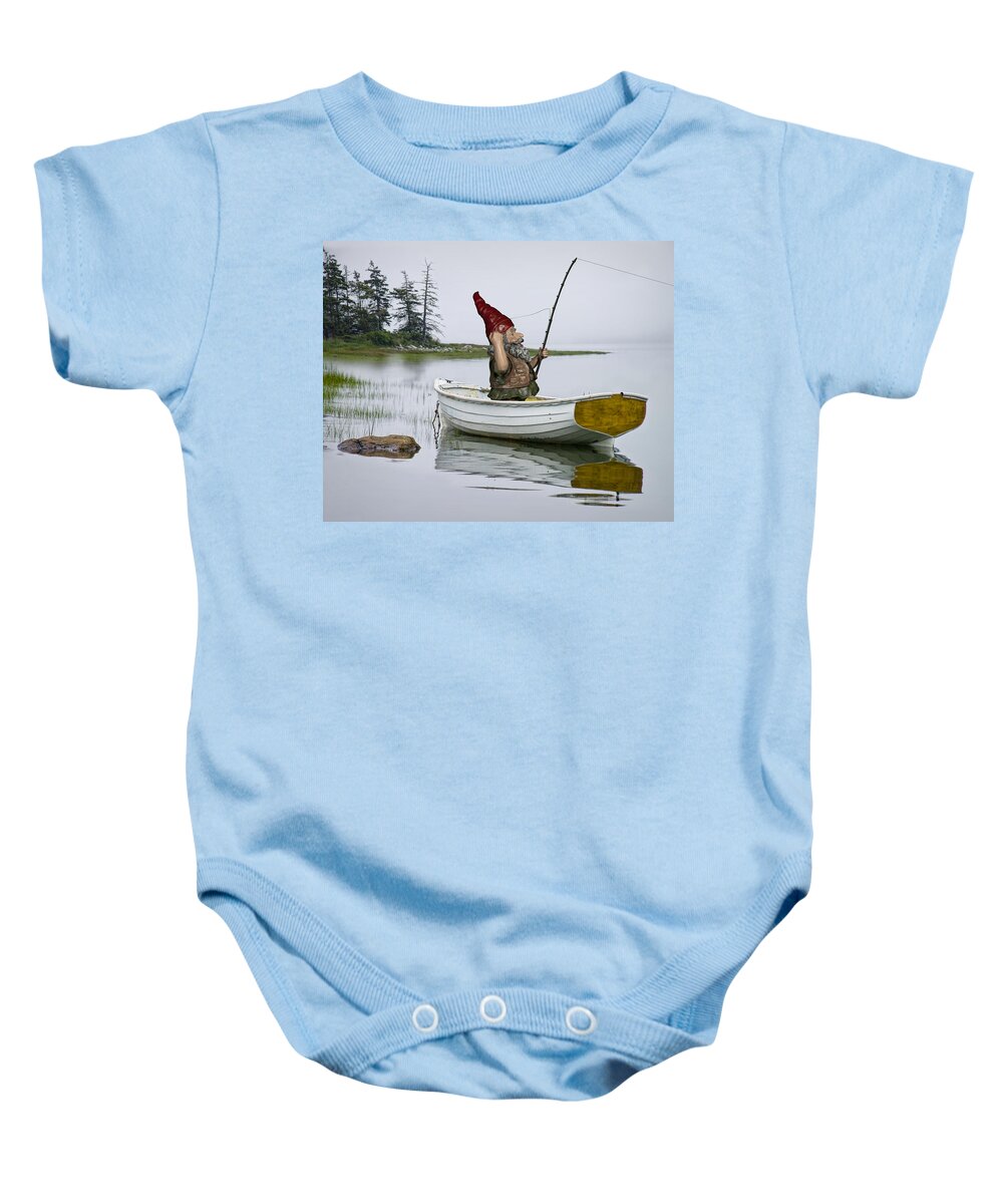White Boat Baby Onesie featuring the photograph Gnome Fisherman in a White Maine Boat on a Foggy Morning by Randall Nyhof