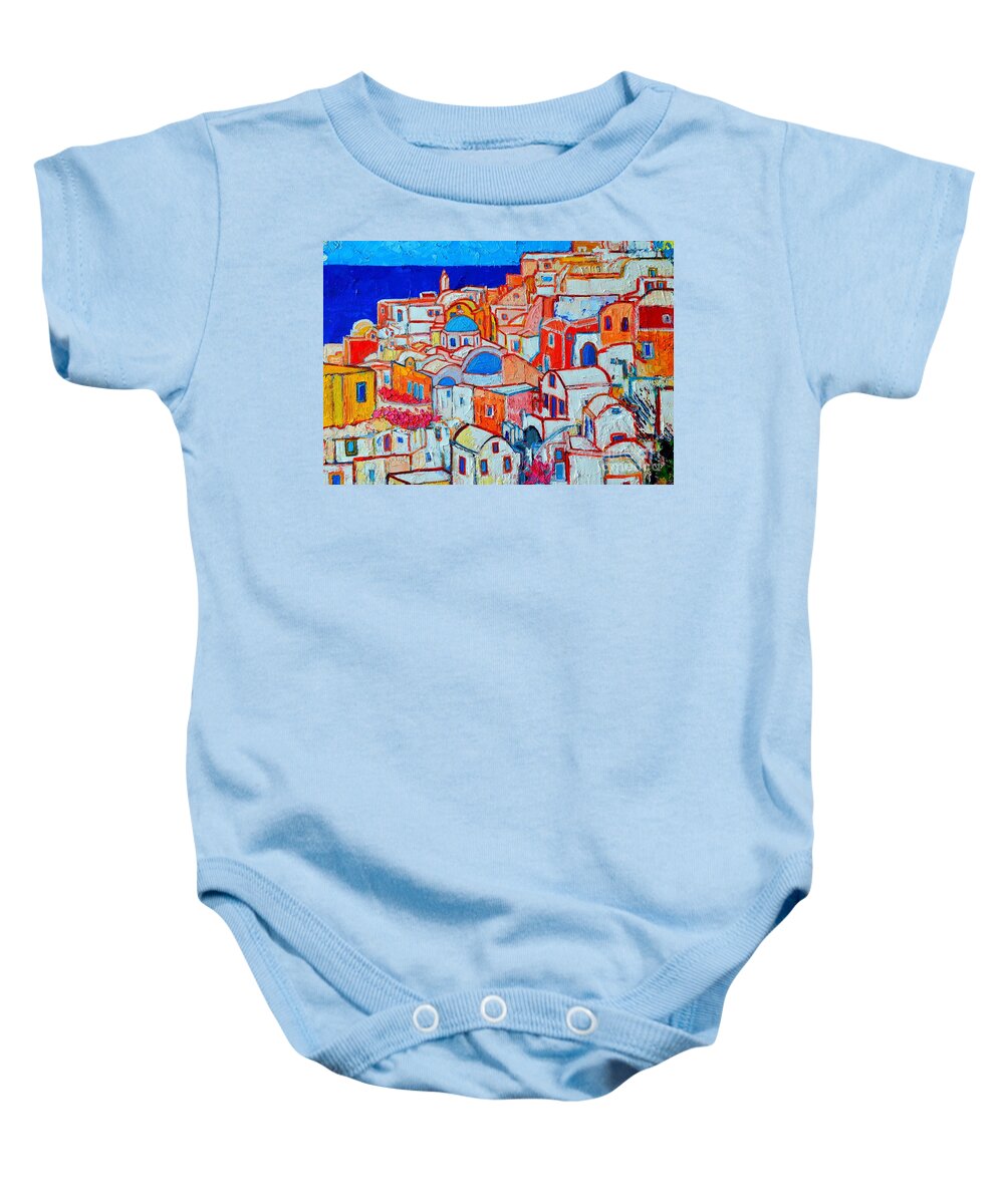 Santorini Baby Onesie featuring the painting Greece - Santorini Island - Oia Colorful Geometric by Ana Maria Edulescu