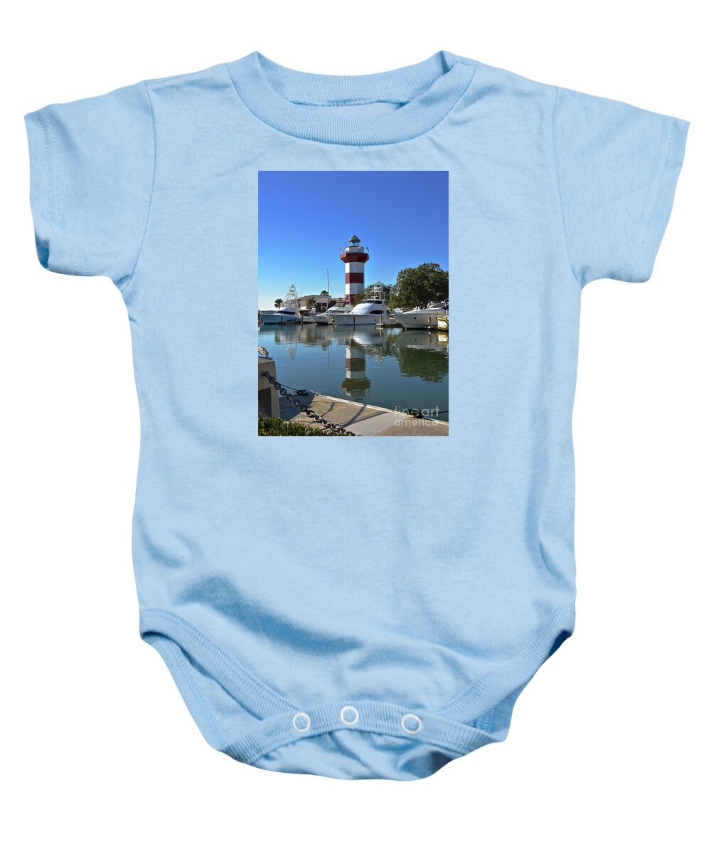 Lighthouse Baby Onesie featuring the photograph Harbor Town Lighthouse by Carol Bradley