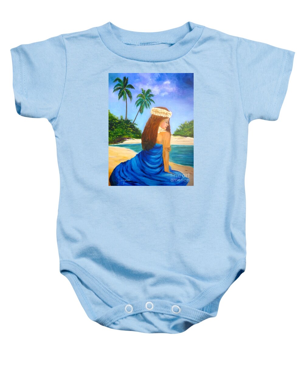Hula Girl Baby Onesie featuring the painting Hula Girl On The Beach by Jenny Lee