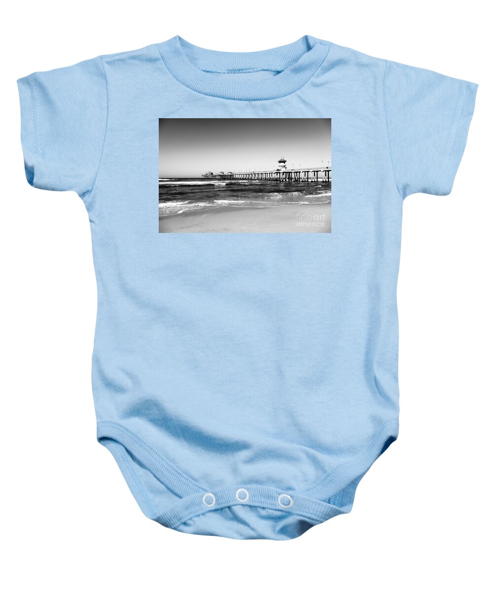 America Baby Onesie featuring the photograph Huntington Beach Pier Black and White Picture by Paul Velgos