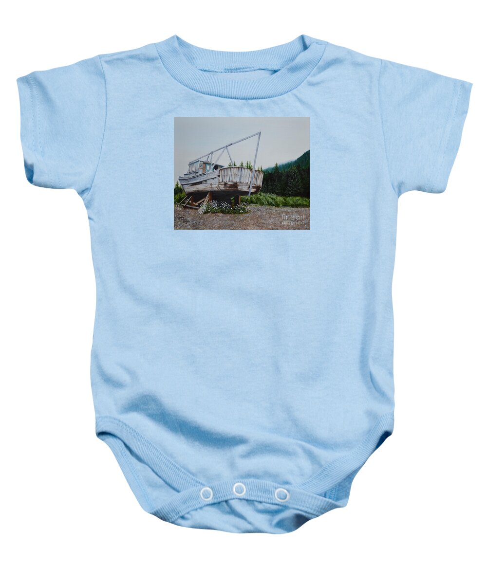 Boat Baby Onesie featuring the painting Interim by Mary Rogers