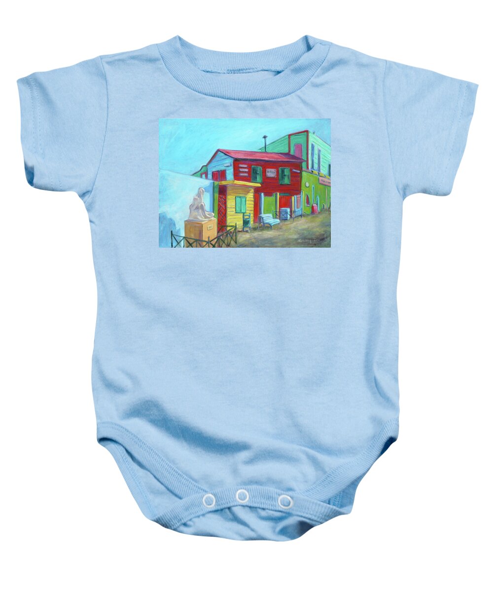 Morning Baby Onesie featuring the painting La Boca Morning I by Xueling Zou