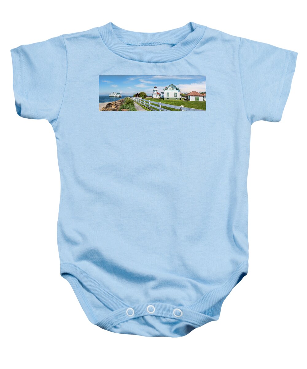 Photography Baby Onesie featuring the photograph Lighthouse With Ferry by Panoramic Images