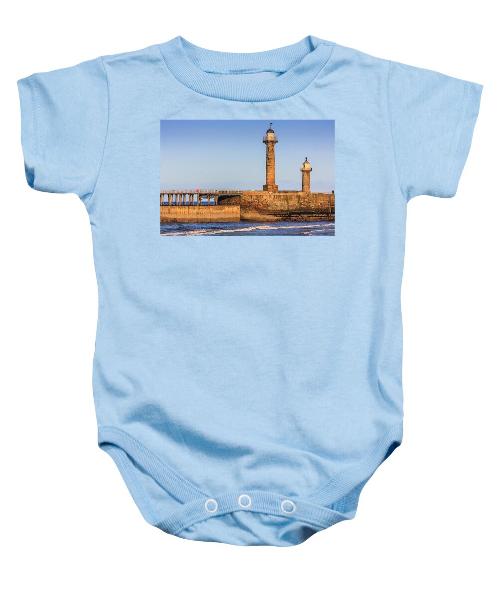 Dusk Baby Onesie featuring the photograph Lighthouses on the piers by Sue Leonard