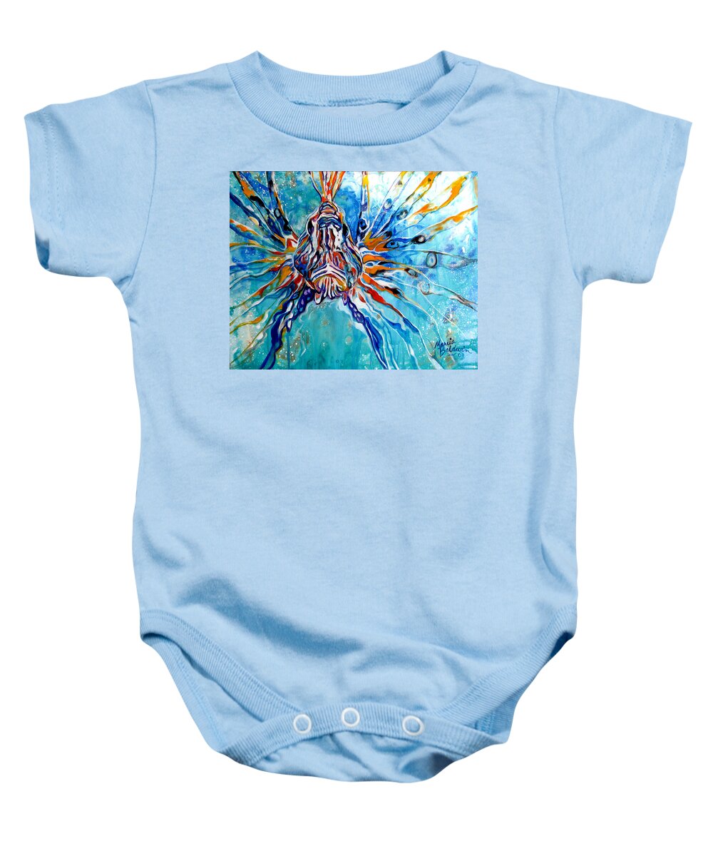 Fish Baby Onesie featuring the painting Lion Fish Blue by Marcia Baldwin