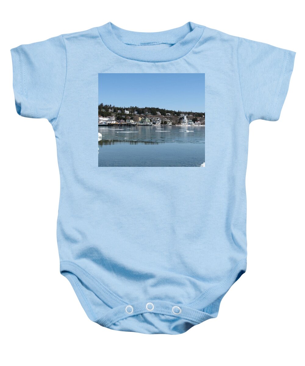 Mackinac Island Baby Onesie featuring the photograph Mackinac Island in winter - Ste. Anne's Church by Keith Stokes