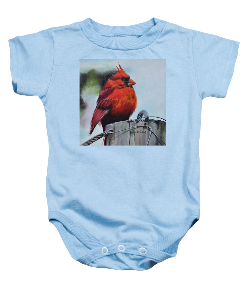 Cardinal Baby Onesie featuring the painting Male Cardinal on Post by Donna Tuten