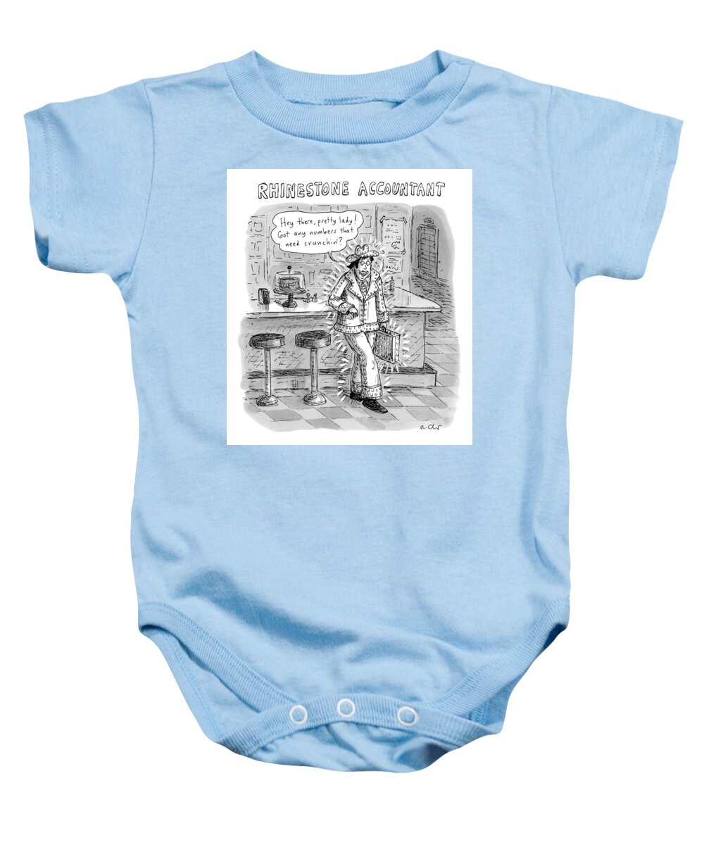Cowboy Baby Onesie featuring the drawing Man In A Rhinestone Suit Leans Against A Bar by Roz Chast