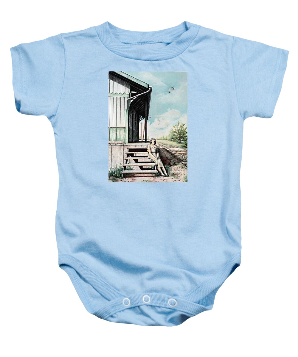 Drawing Of Train Station Baby Onesie featuring the drawing Mom with Rose by David Neace