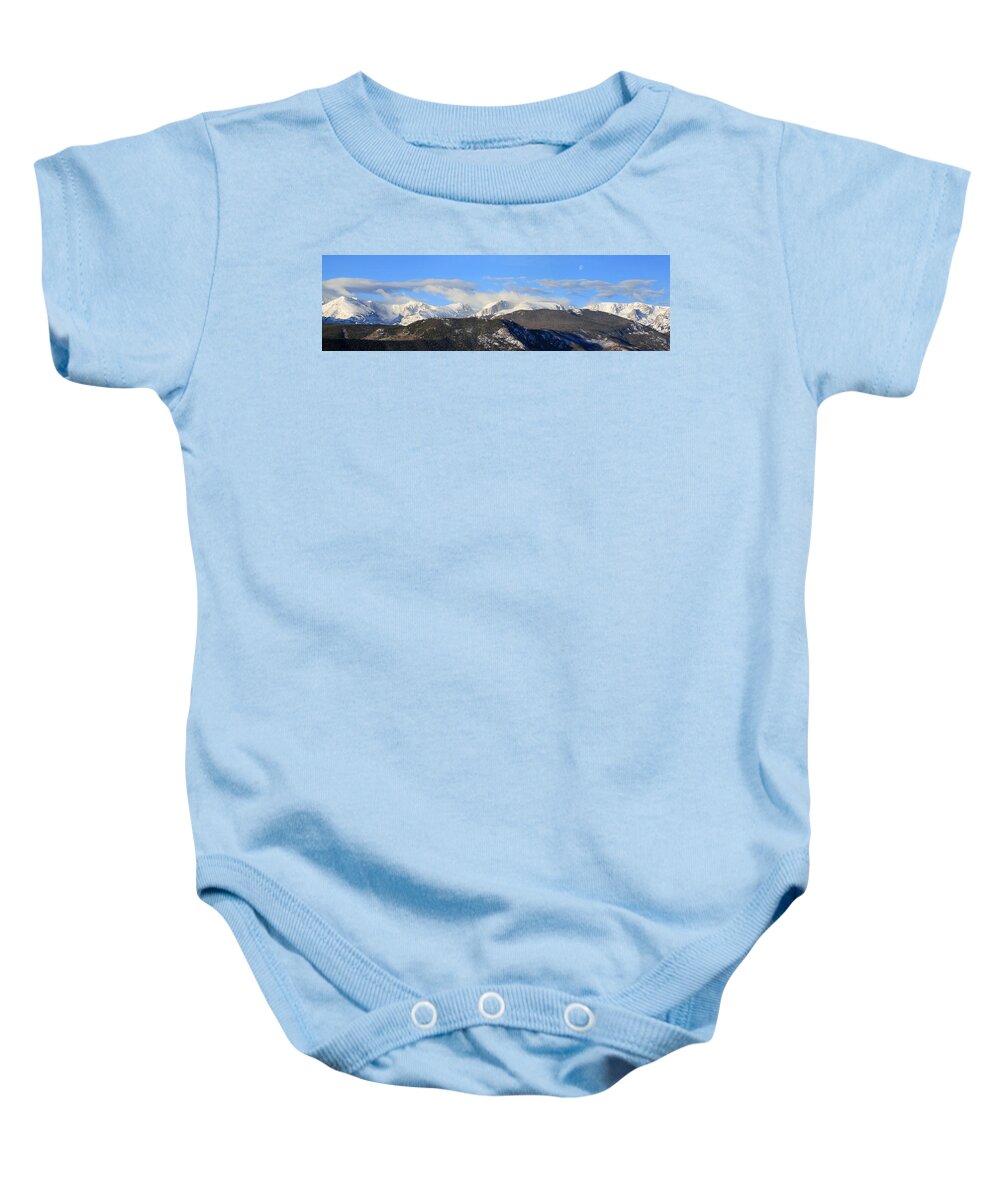Panorama Baby Onesie featuring the photograph Moon Over The Rockies - Panorama by Shane Bechler