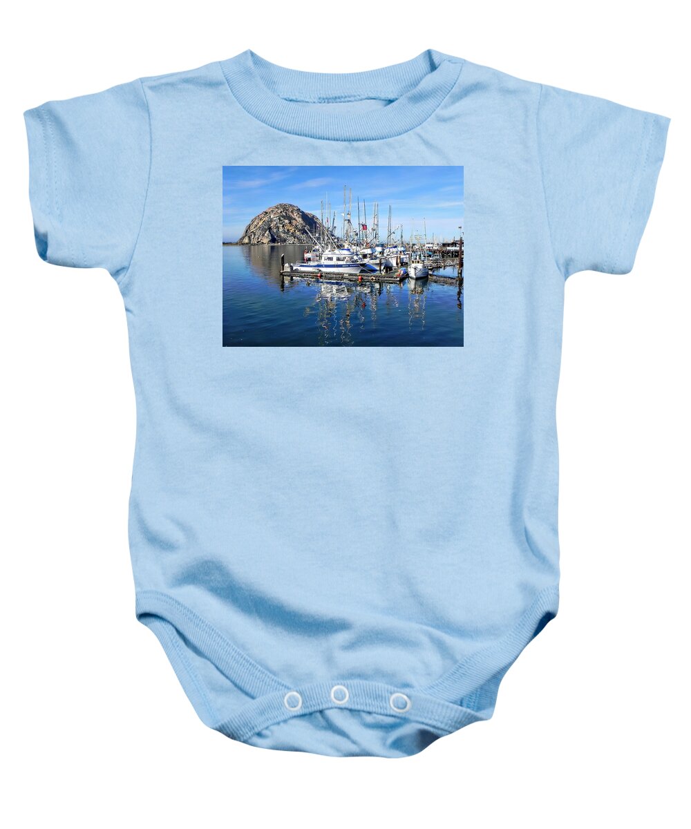 Morro Rock Baby Onesie featuring the photograph Morro Rock by Kathy Churchman