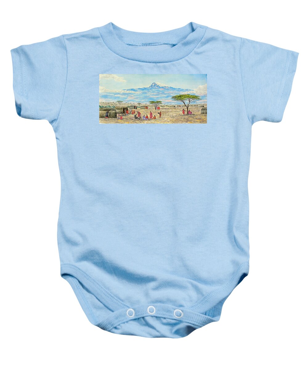 African Paintings Baby Onesie featuring the painting Mountain Village by Joseph Thiongo