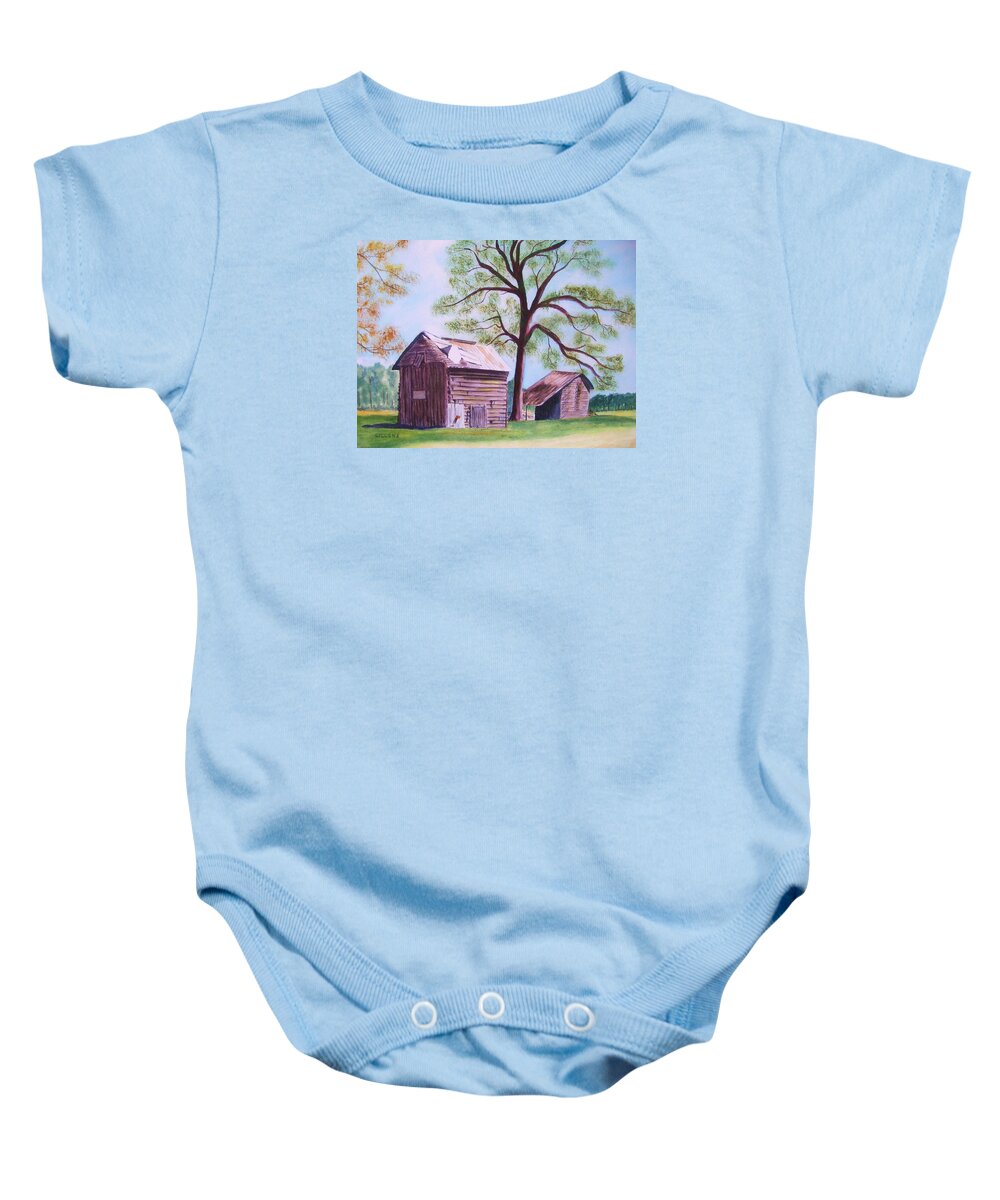 Barn Baby Onesie featuring the painting NC Tobacco Barns by Jill Ciccone Pike