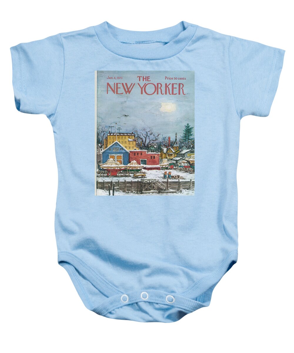 Town Baby Onesie featuring the painting New Yorker January 6th, 1973 by Albert Hubbell
