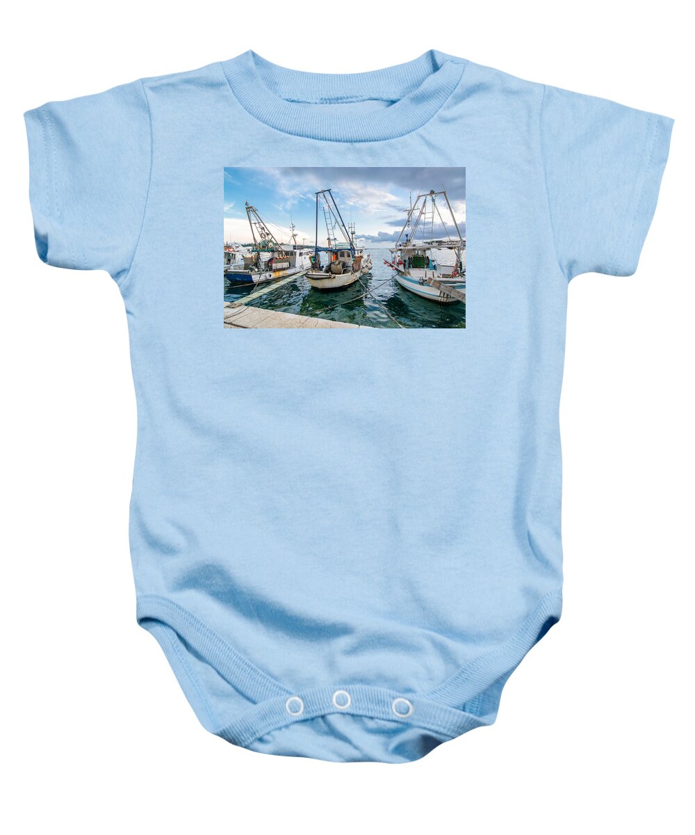 Boat Baby Onesie featuring the photograph Old Fishing Boats In Evening Harbor by Andreas Berthold