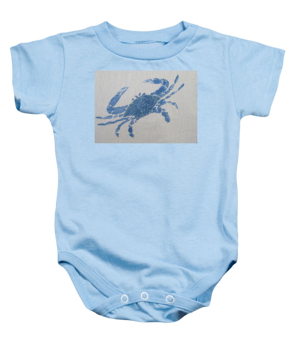 Blue Baby Onesie featuring the painting One Blue Crab on Sand by Ashley Goforth