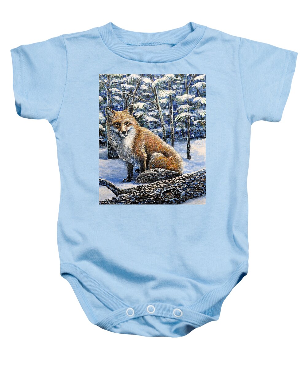 Nature Wildlife Fox Snow Winter Animal Mouse Baby Onesie featuring the painting Outfoxed by Gail Butler