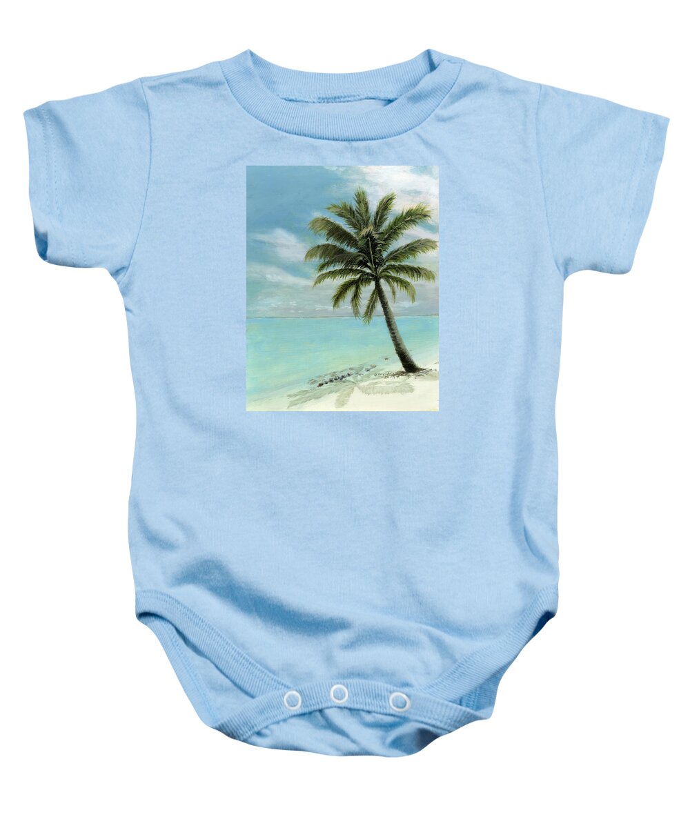 Original Oil On Canvas Cecilia Brendel Palm Tree Ocean Scene Turquoise Waters Cabos Bahamas Florida Keys Hawaii Turks And Caicos Clear Blue Sky Tranquil White Sand Beach Italy Italian Baby Onesie featuring the painting Palm Tree Study by Cecilia Brendel