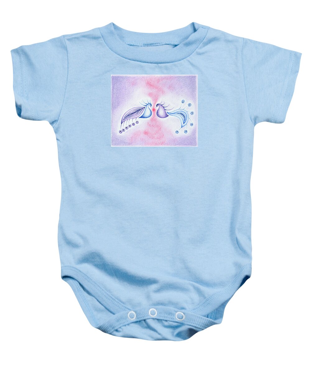 Peacock Dance Baby Onesie featuring the drawing Peacock Dance by Keiko Katsuta