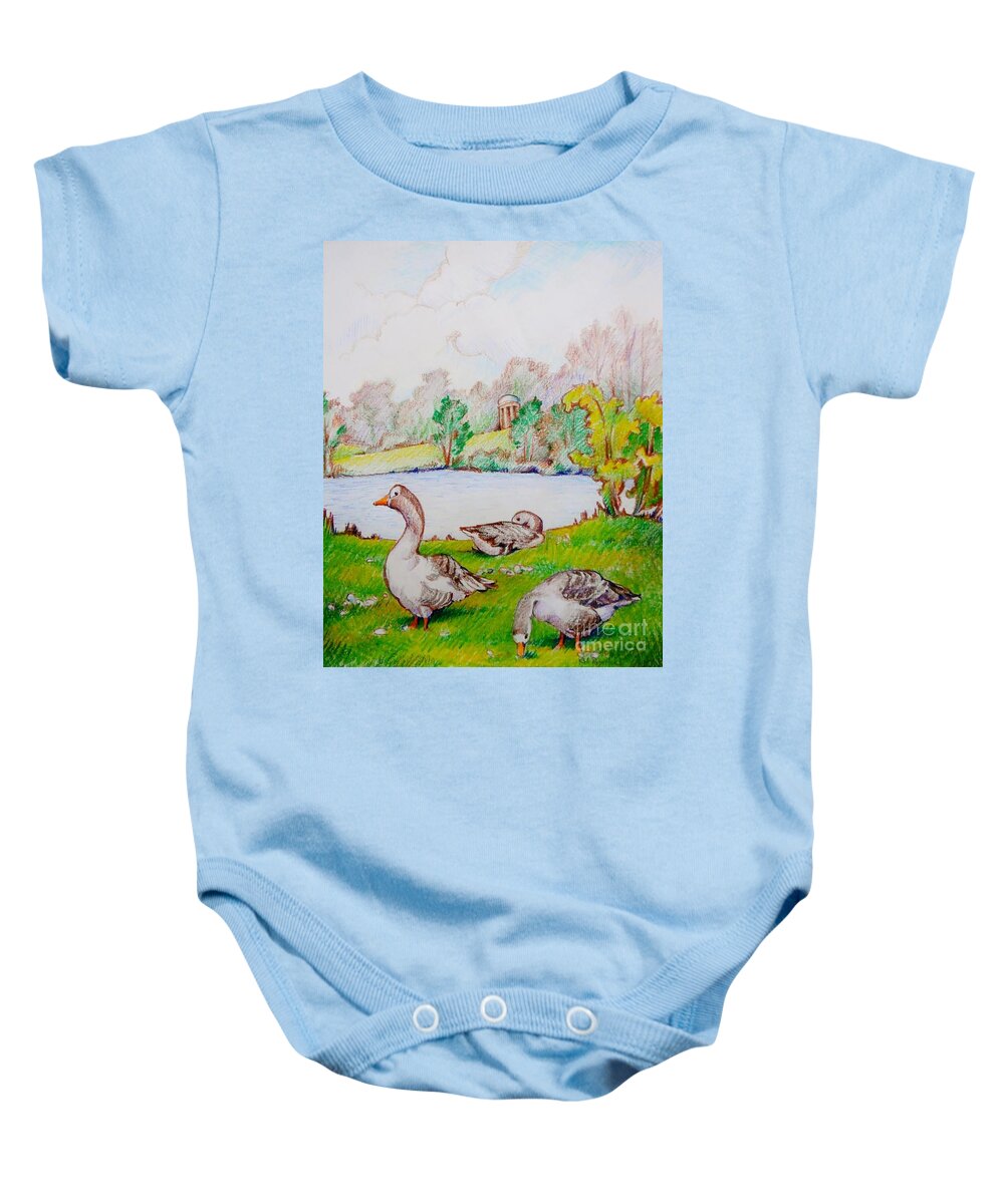 England Baby Onesie featuring the drawing Picnic on the Lawn by K M Pawelec