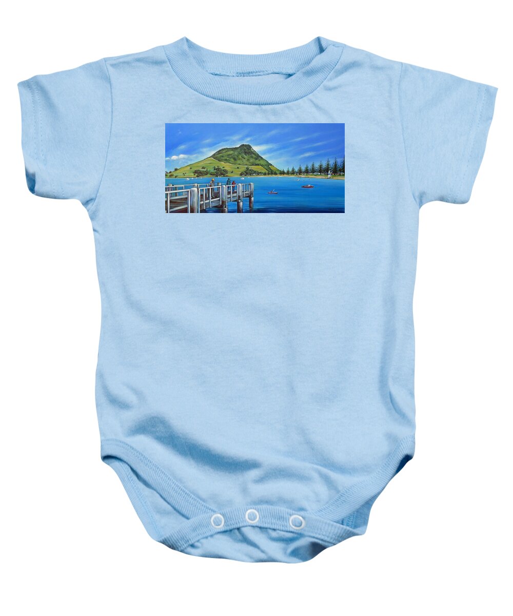 Pier Baby Onesie featuring the painting Pilot Bay Mt Maunganui 201214 #1 by Selena Boron