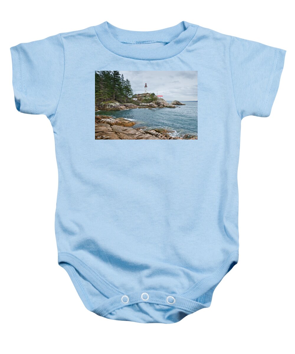 Architecture Baby Onesie featuring the photograph Point Atkinson Lighthouse and Rocky Shore by Jeff Goulden