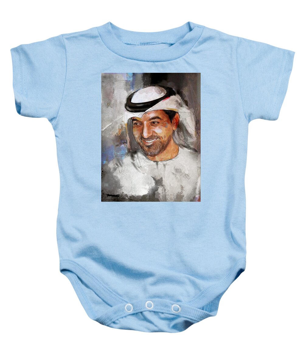 Sheikh Ahmed Bin Saeed Al Maktoum Baby Onesie featuring the painting Portrait of Sheikh Ahmed bin Saeed al Maktoum 2 by Maryam Mughal
