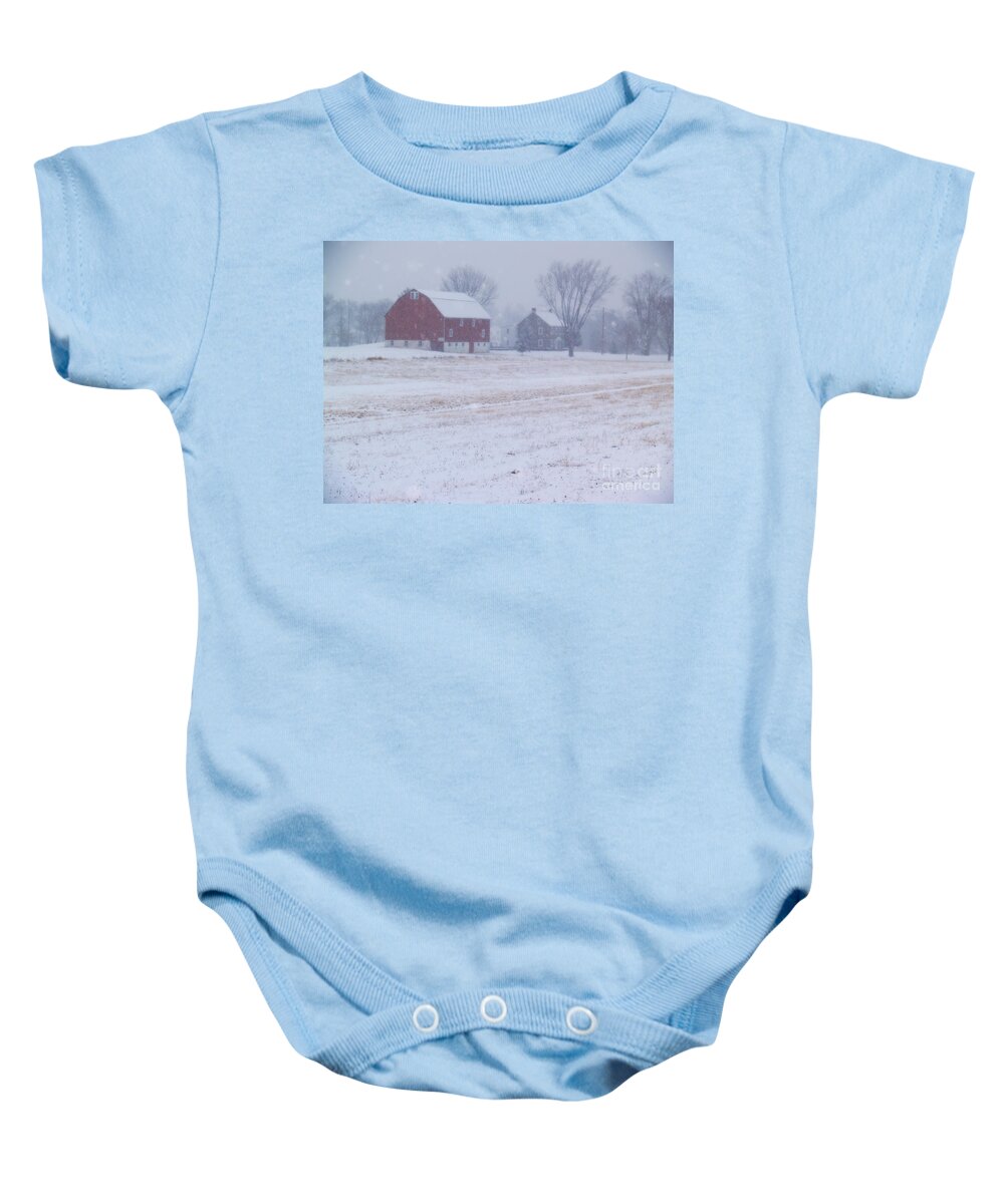 Farm Baby Onesie featuring the photograph Quakertown Farm on Snowy Day by Anna Lisa Yoder