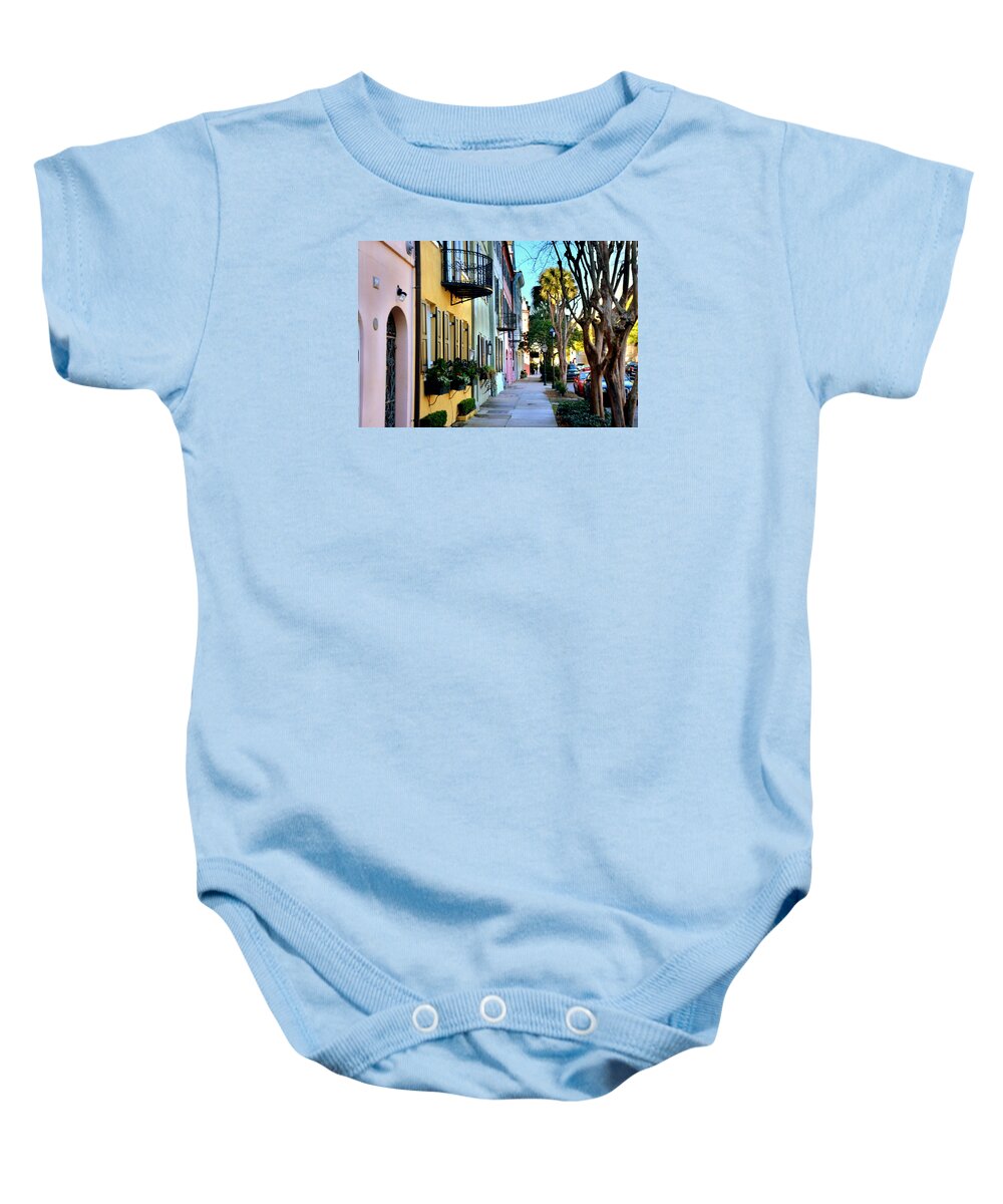 Rainbow Row Baby Onesie featuring the photograph Rainbow Row HDR by Lisa Wooten